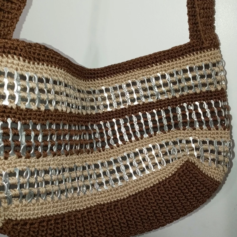 Handmade Crochet Hobo Bag made with Silver Flip top Soda can Tabs.Brown Beige